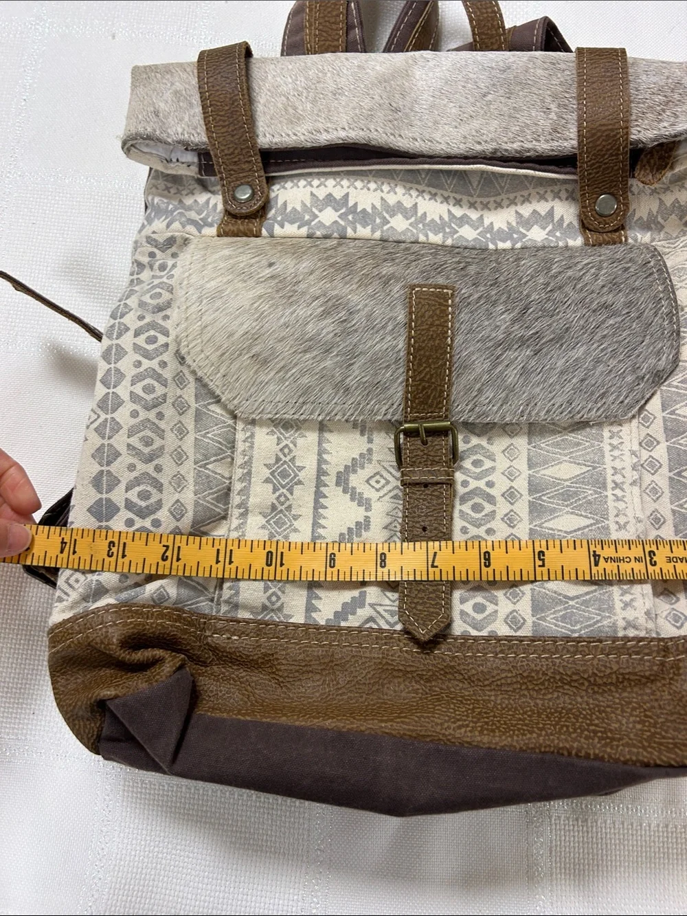 NWOT Myra Bag Cream and Brown Patterned Backpack with Fur Trim